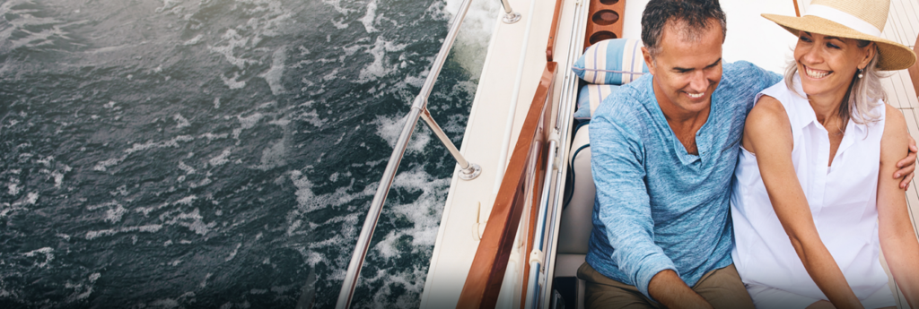 Mature couple on a boat with copy space